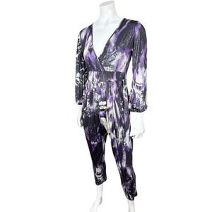 True Light Women Purple Black Abstract Metallic Tie Dye Open Back Jumpsuit Small